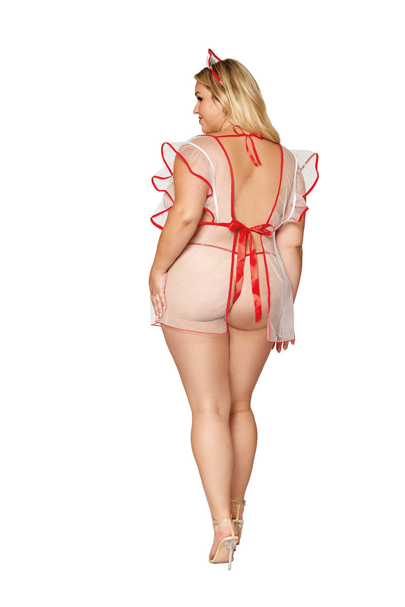 12916 Sexy Sheer White Mesh Nurse Costume Apron Set – 4pc Lingerie Roleplay Outfit