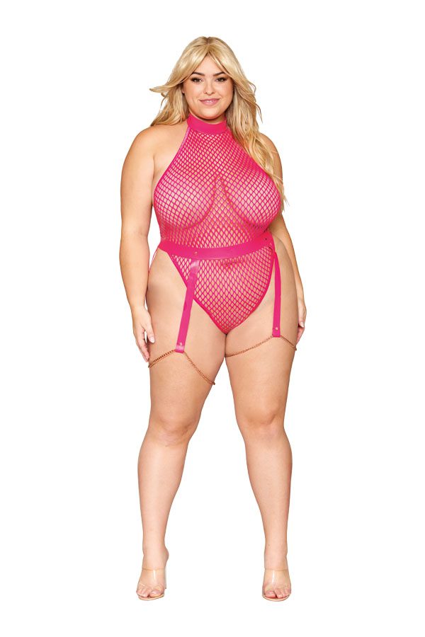 13268 1 Piece Fishnet teddy and faux-leather garter belt set