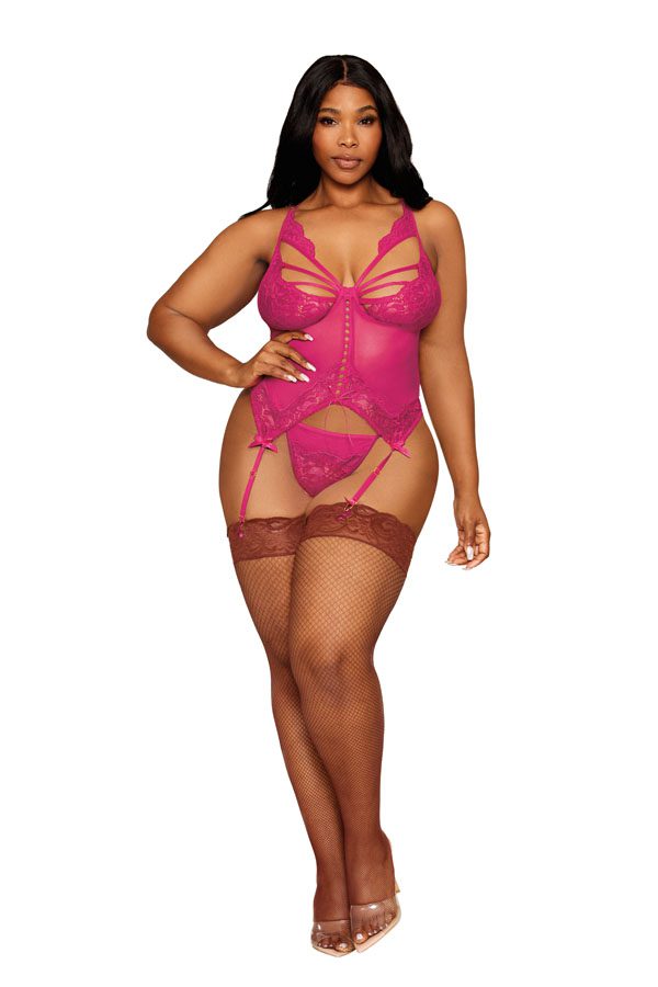 13283 1 Piece Floral lace and mesh bustier and G-string set