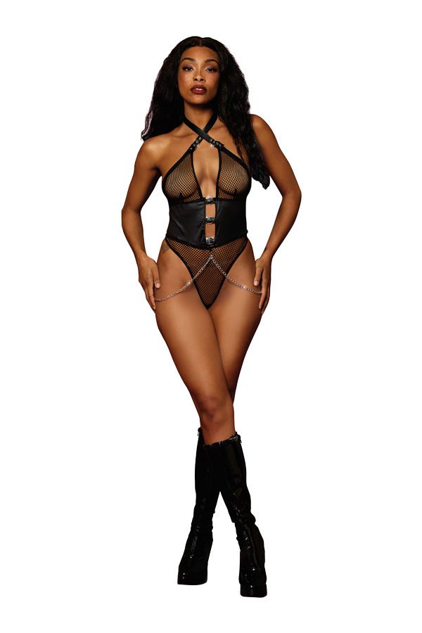 13292 1 Piece Adjustable Buckle Neckline Fishnet & Faux-Leather Teddy with Chains