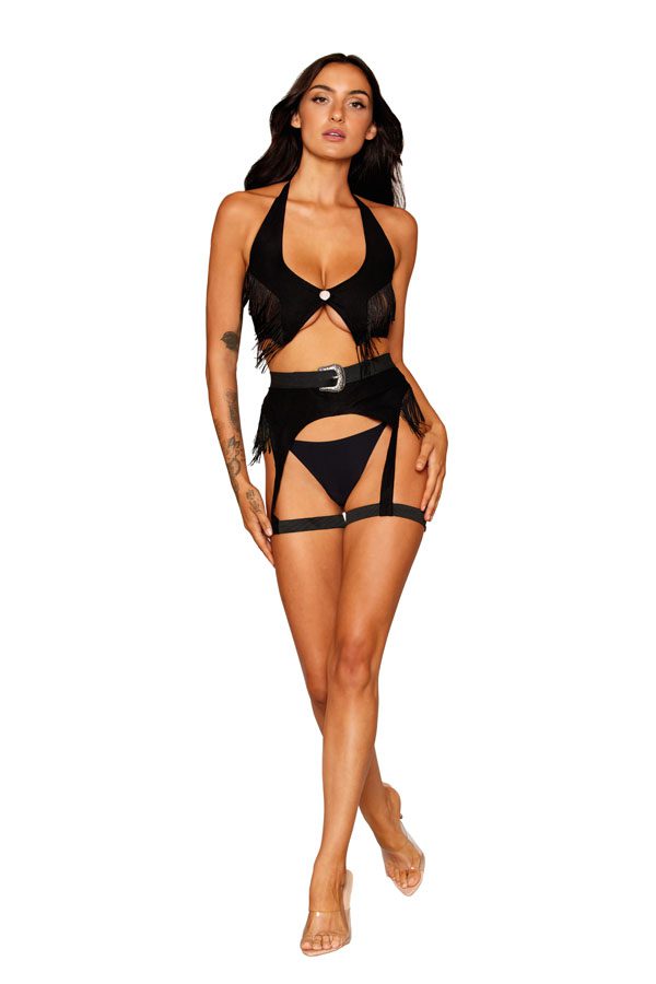 13306 1 Piece Western-themed, faux-suede bralette and garter belt set with fringe details