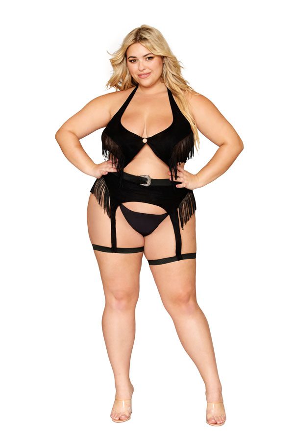 13306 1 Piece Western-themed, faux-suede bralette and garter belt set with fringe details