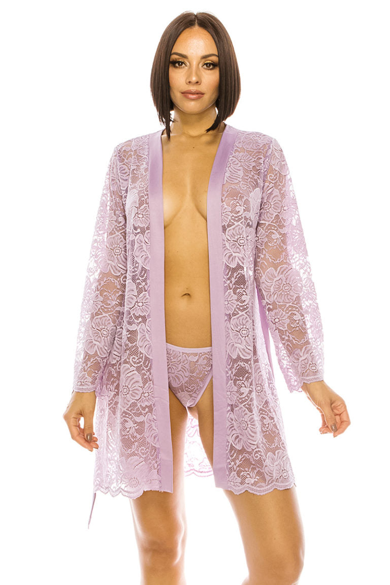 20129 6-Pack All Lace Robe Set with Thong – Sheer Lingerie Set