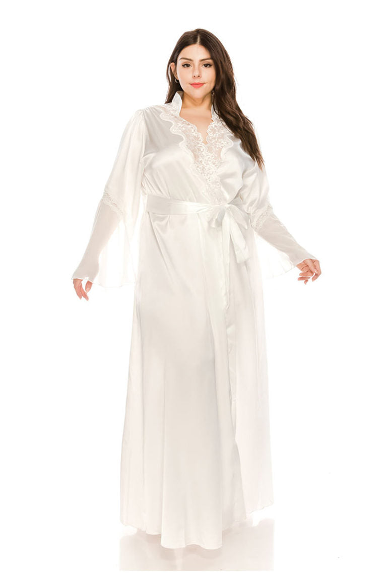 20142 3 Piece Long Satin Robes with Lace Trim Plus Size