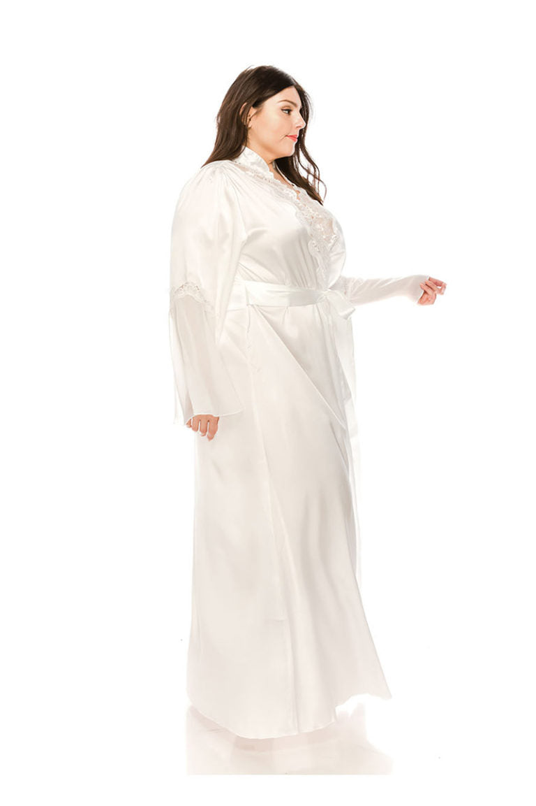 20142 3 Piece Long Satin Robes with Lace Trim Plus Size