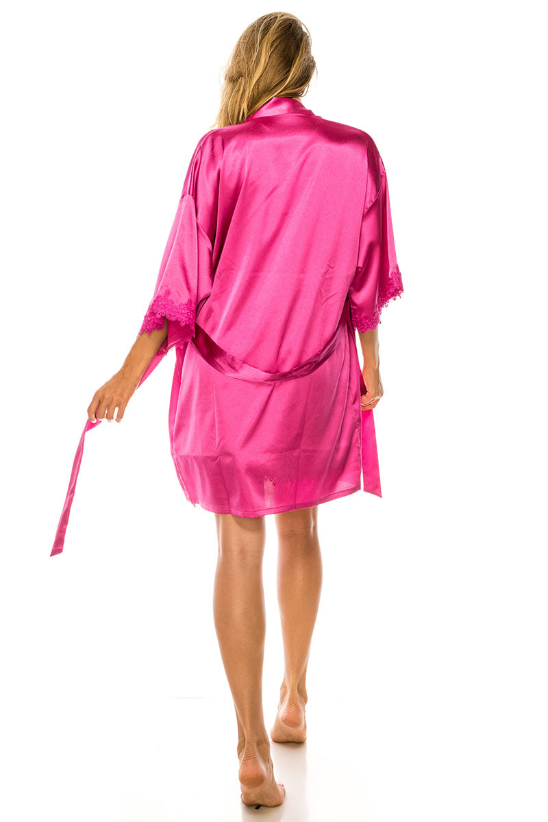 20168 6Piece 3-Piece Satin Robe Set with Embroidered Trim includes Robe, Dress & Thong