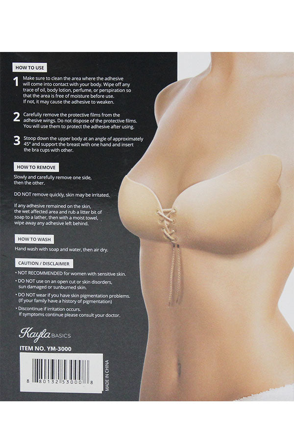 B3000 1 Piece Washable Adhesive Wing Bra – Strapless & Backless Push-Up with Front Tie – Sizes A–D