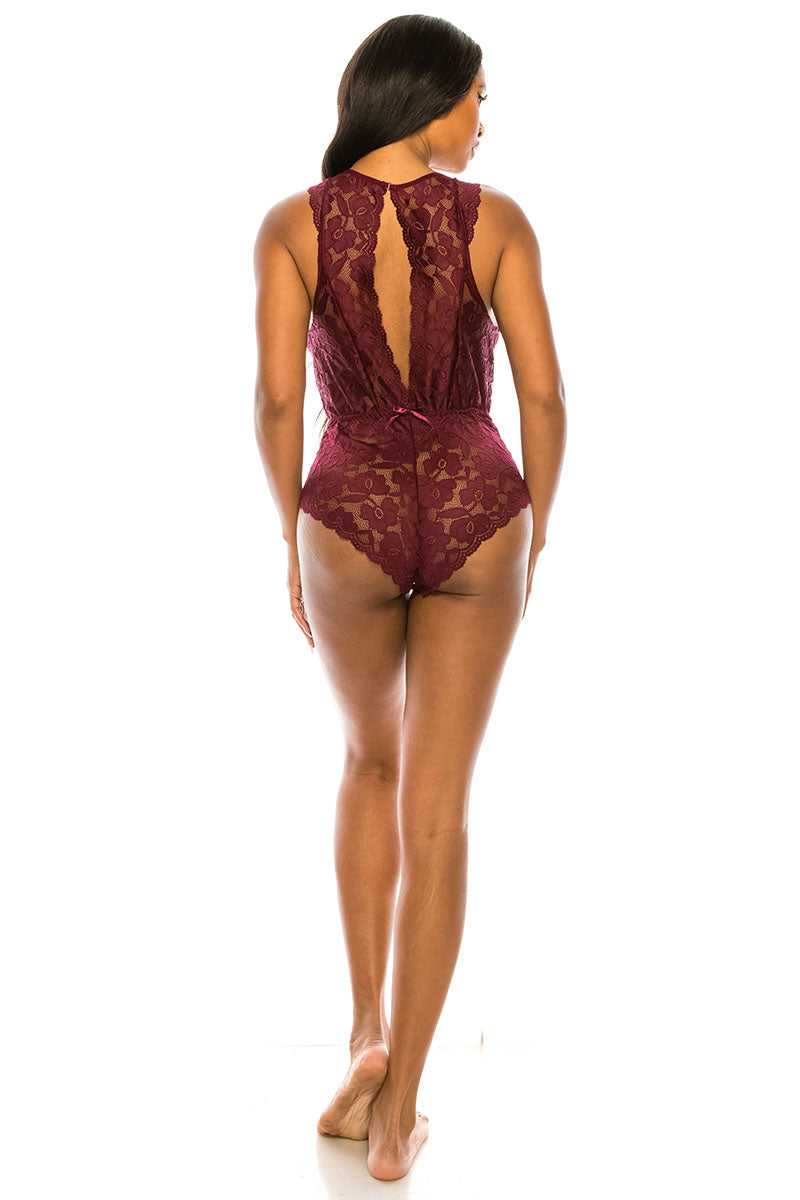 32602 6 Piece Center Bow Detail, Snap Button Closure Floral Lace Reversible Teddy Bodysuit