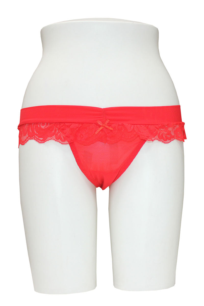 33085 12 Piece Sexy Center Bow Detail, Soft Stretch Sheer Mesh Thong with Lace Trim