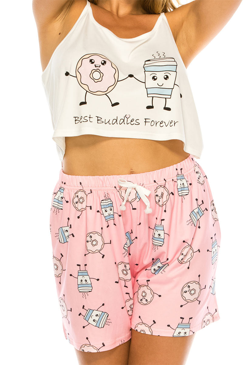 80132 6 Piece "Best Buddies Forever" 2-Piece Pajama Short Set – Coffee & Donut Print