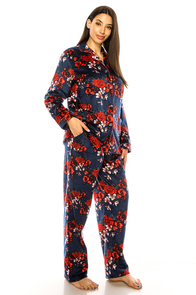 80139Q 6 Piece Button-Up Top & Pants Plus Size 2-Piece Flower Print Pajama Set