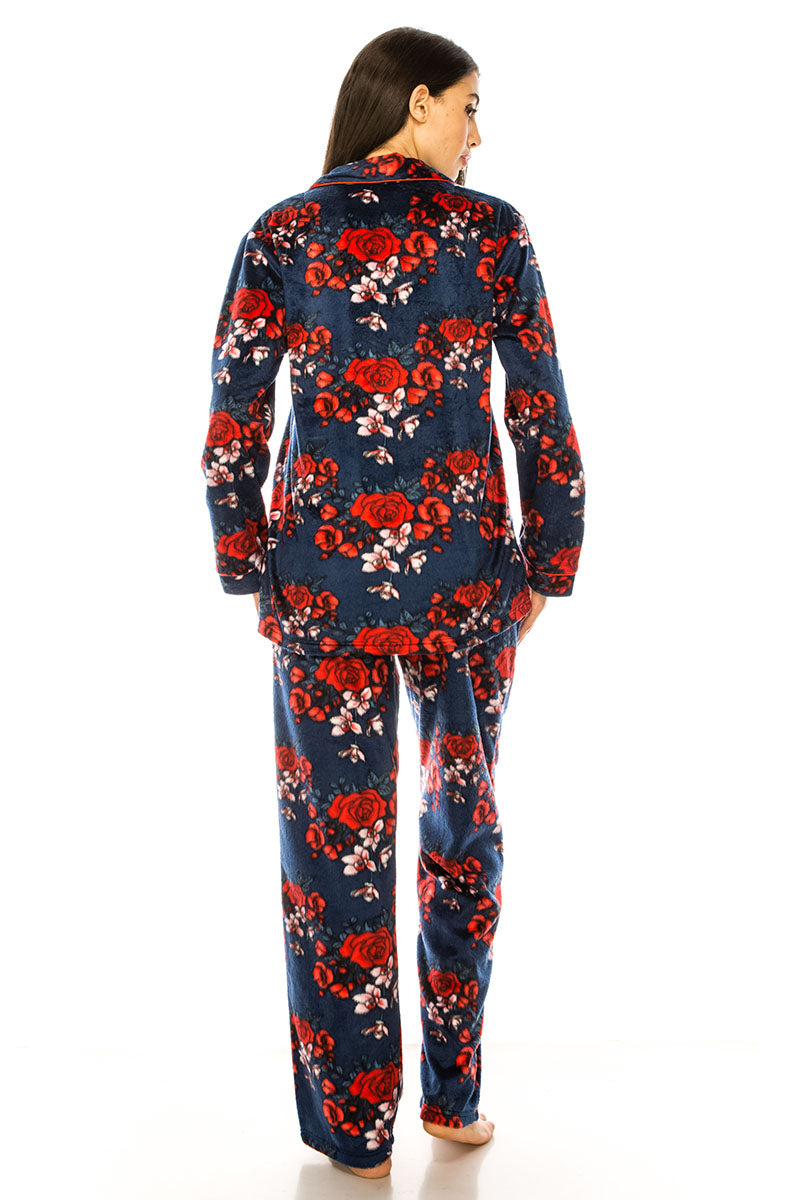 80139Q 6 Piece Button-Up Top & Pants Plus Size 2-Piece Flower Print Pajama Set
