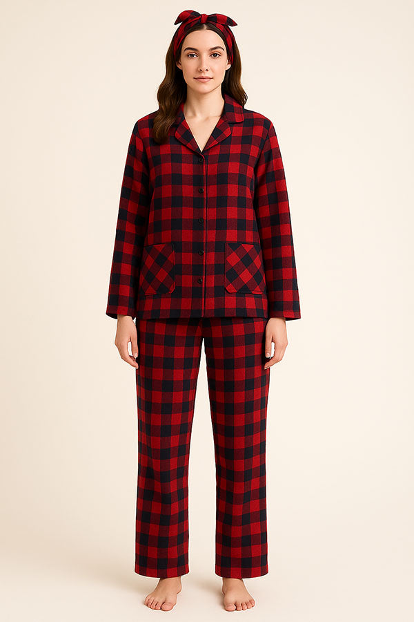 Wholesale Lady Plaid Print Button Pajama Set w/ Headband