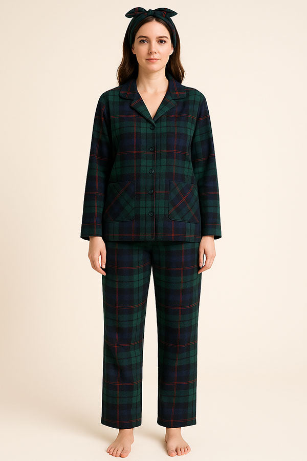 Wholesale Lady Plaid Print Button Pajama Set w/ Headband