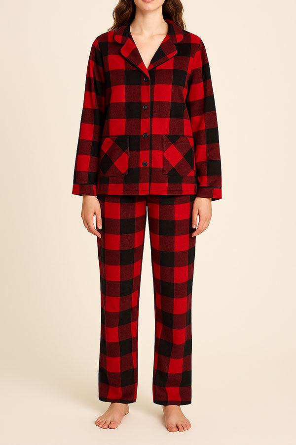 Wholesale Lady Plaid Print Button Pajama Set w/ Headband