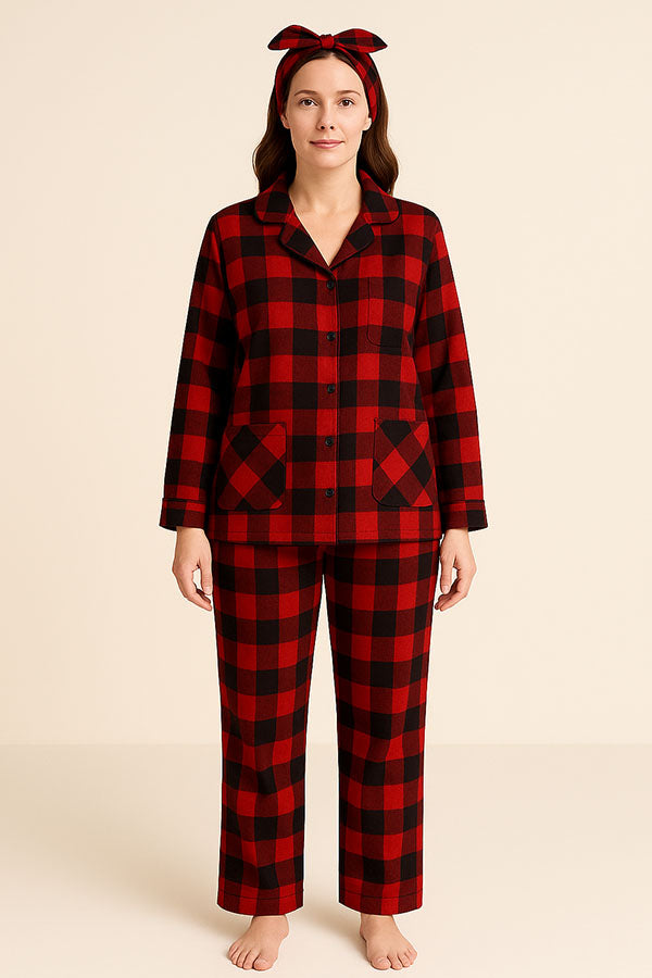 Wholesale Lady Plaid Print Button Pajama Set w/ Headband