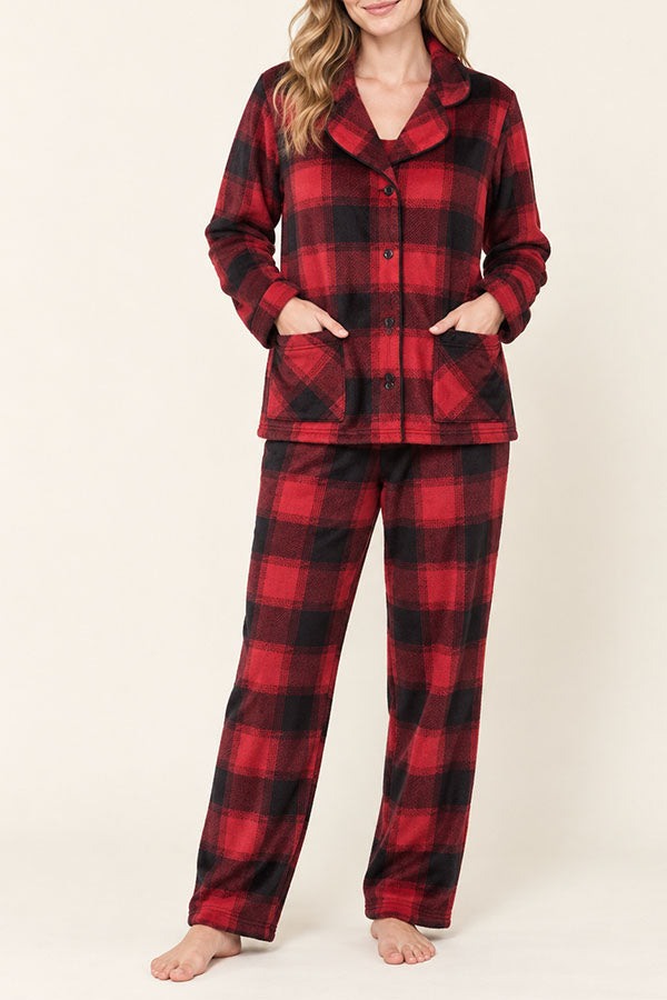 Women's Plaid Pajama Set with Sleep Mask – Long Sleeve Button-Up Sleepwear, 6-Pack