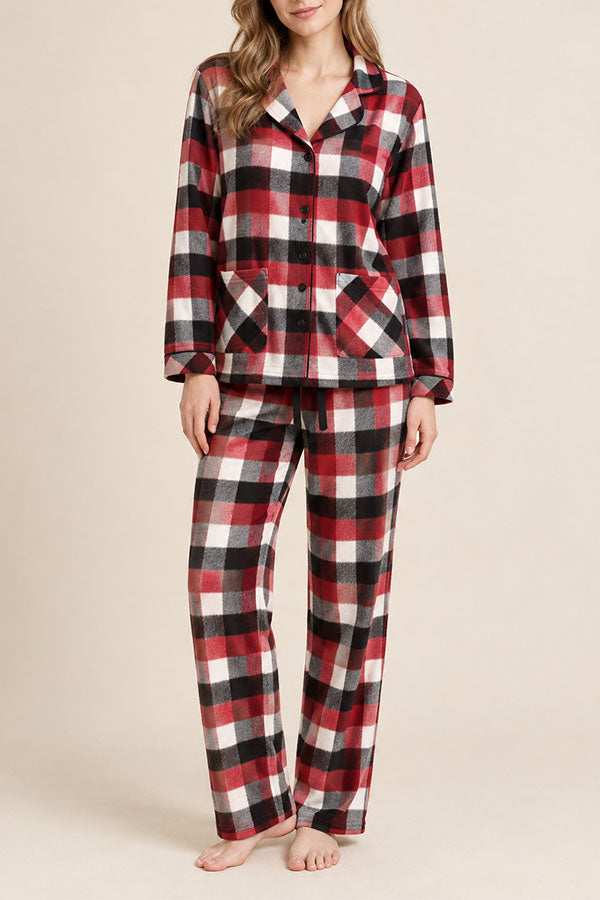 Women's Plaid Pajama Set with Sleep Mask – Long Sleeve Button-Up Sleepwear, 6-Pack