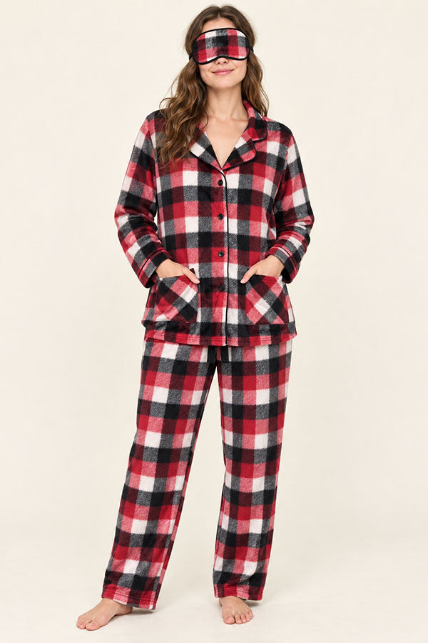 Women's Plaid Pajama Set with Sleep Mask – Long Sleeve Button-Up Sleepwear, 6-Pack