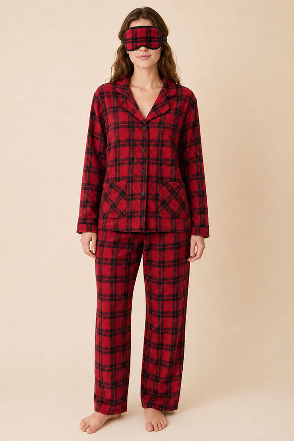 Women's Plaid Pajama Set with Sleep Mask – Long Sleeve Button-Up Sleepwear, 6-Pack