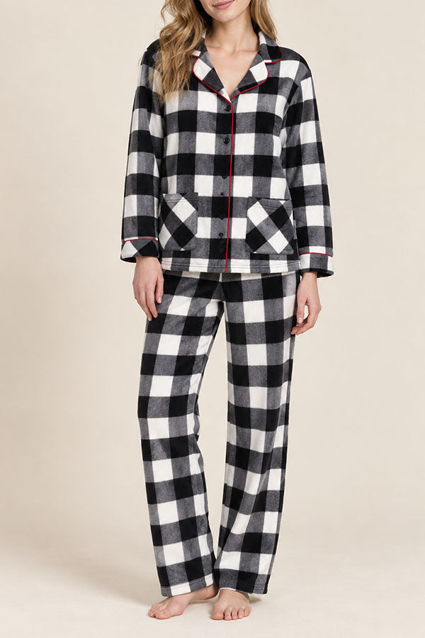 Women's Plaid Pajama Set with Sleep Mask – Long Sleeve Button-Up Sleepwear, 6-Pack