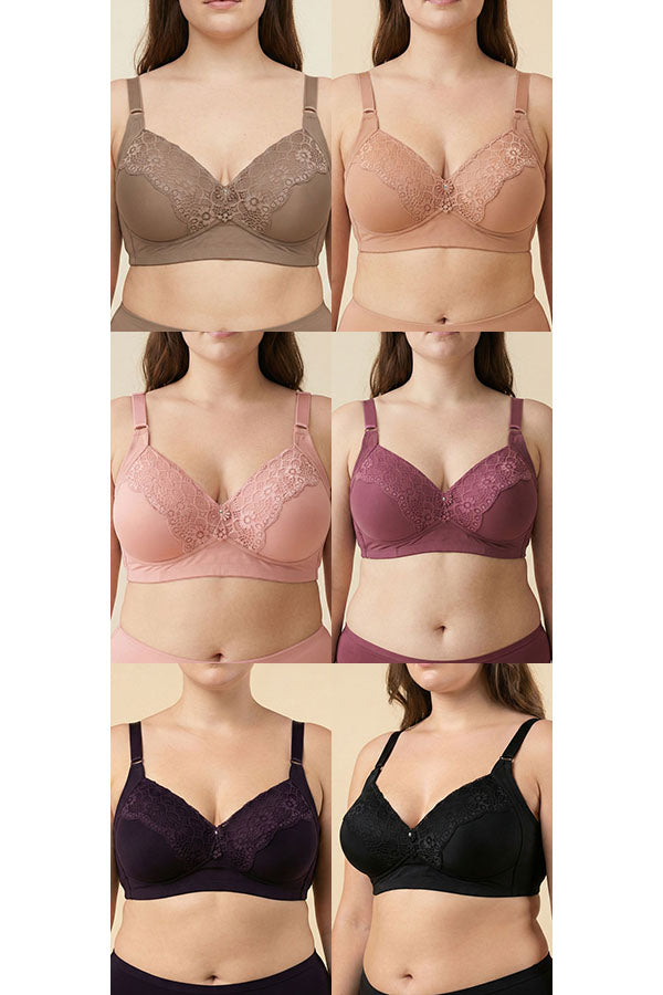 89124 6 Piece No Underwire, Adjustable Straps Solid/Lace Full Coverage Bra – B, C, D Cup C03