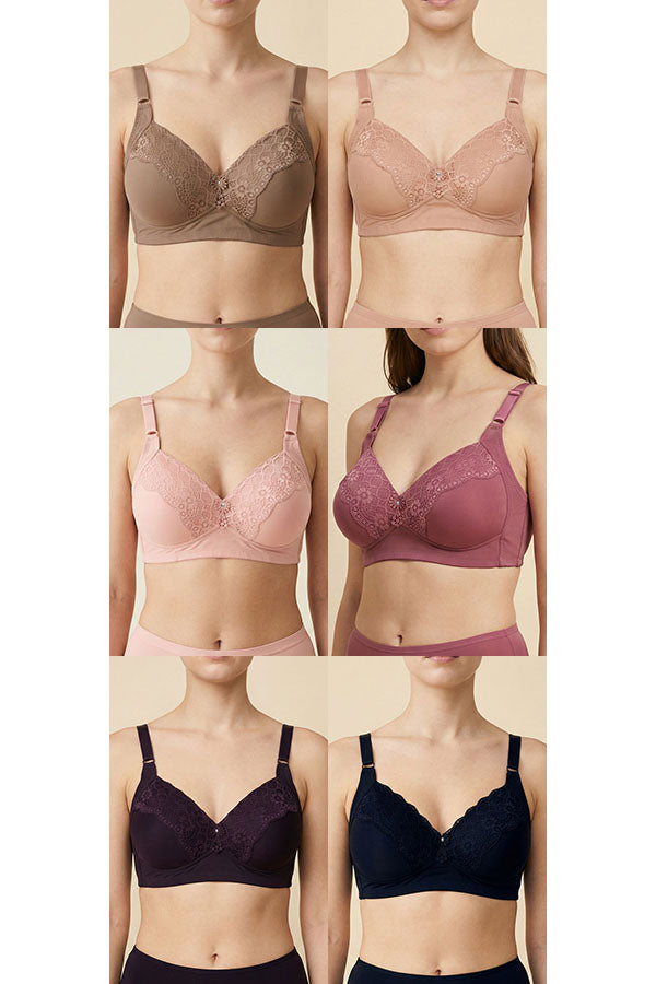 89124 6 Piece No Underwire, Adjustable Straps Solid/Lace Full Coverage Bra – B, C, D Cup C03