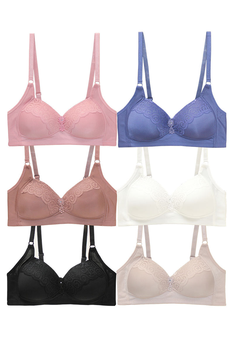 89124 6 Piece No Underwire, Adjustable Straps Solid/Lace Full Coverage Bra – B, C, D Cup