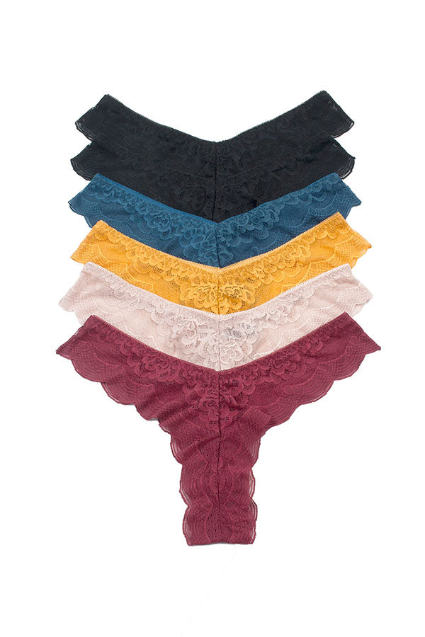 89132 Women’s Lace Thong Panties 12 Pack Soft Stretch Floral Lace, Elastic Waistband