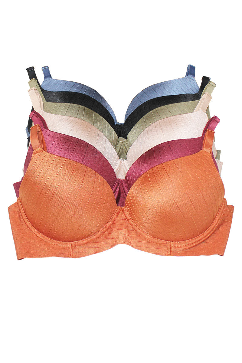 89232 6 Piece Jacquard Stripe, Adjustable Straps, Laser Cut Back Push Up Bra B C Cup C02