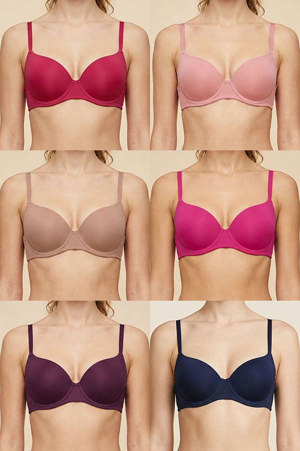 90040 6 Piece Underwire, Light Padding, Adjustable Straps, Three Hooks Back Closure Extra Coverage Bra B/C Cup C02