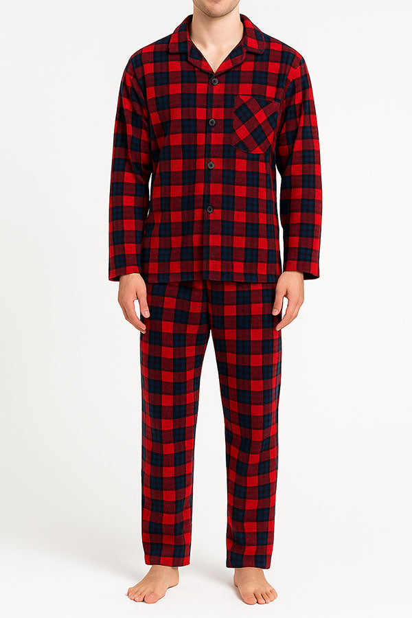 Wholesale 6 Pieces Men’s Plaid Print 2-Piece Button-Up Pajama Set