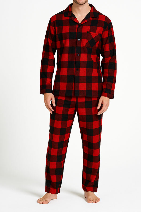 Wholesale 6 Pieces Men’s Plaid Print 2-Piece Button-Up Pajama Set