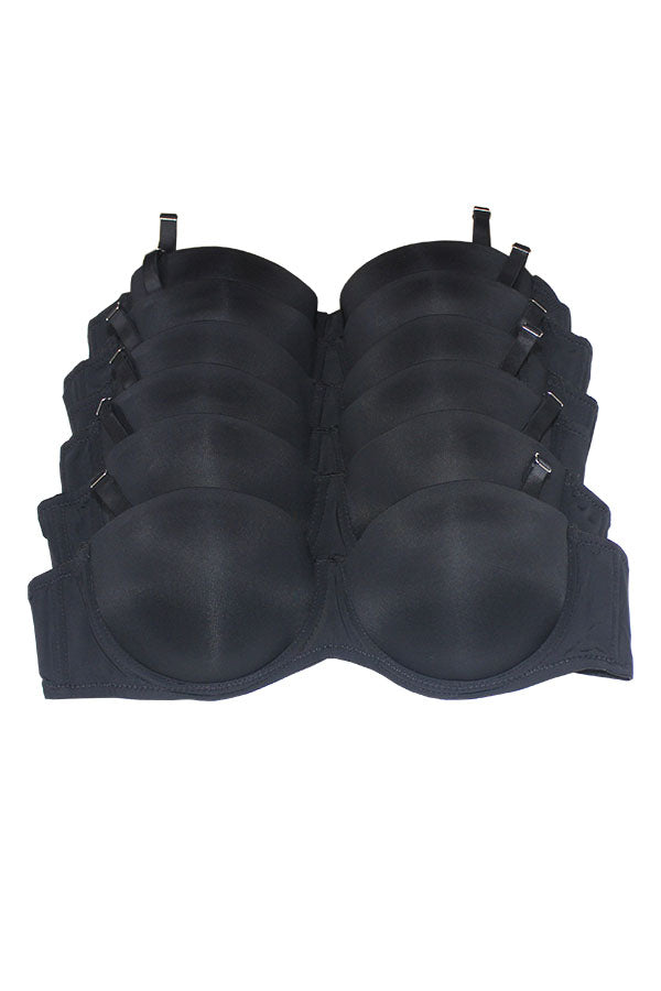 965 6-Pack Extreme Push-Up Underwire with Removable Straps Solid Style Demi Bra Black