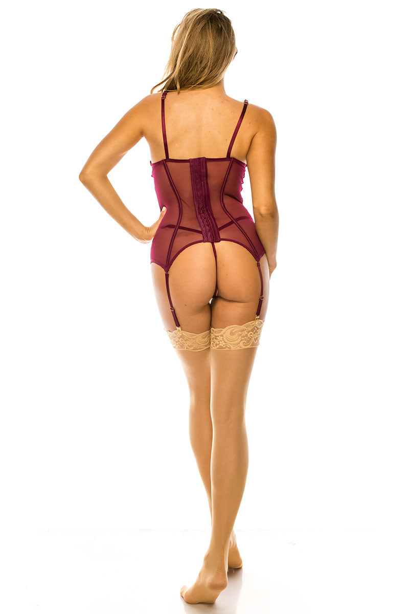 PL-BE230 6 Piece Underwire Bra with Removable Garters & Mesh G-String Embroidered Lace Bustier Set