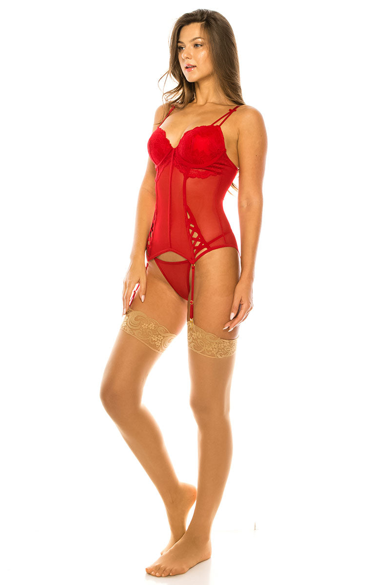 BE273 6 Piece Lace-Up Bustier with G-String and Garters