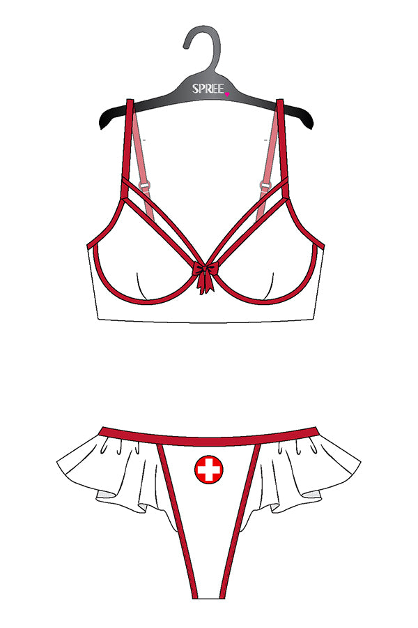 Nurse Costume 2 Piece Set - Moulded Cup Bra, Flutter Thong