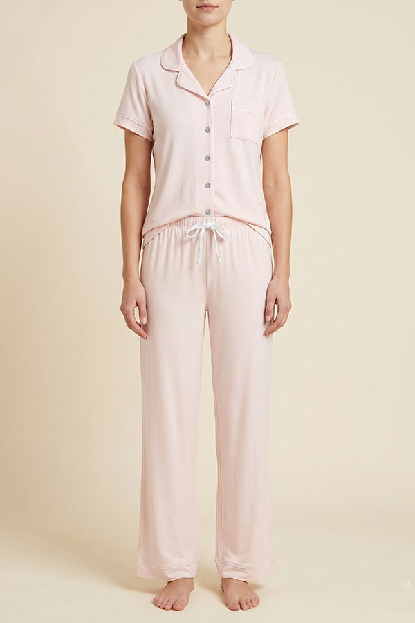 HS02613 Women’s 2 Piece Pajama Set Wholesale, Soft Stretch Button Down Top & Long Pants, 6 Sets Pack S-XL