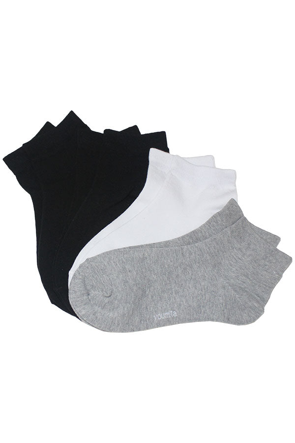 YM06 60 Pairs 4-Pair Bundle (Black, Grey, White), Shoe Size 6–9, Made in Korea Cotton Quarter Socks