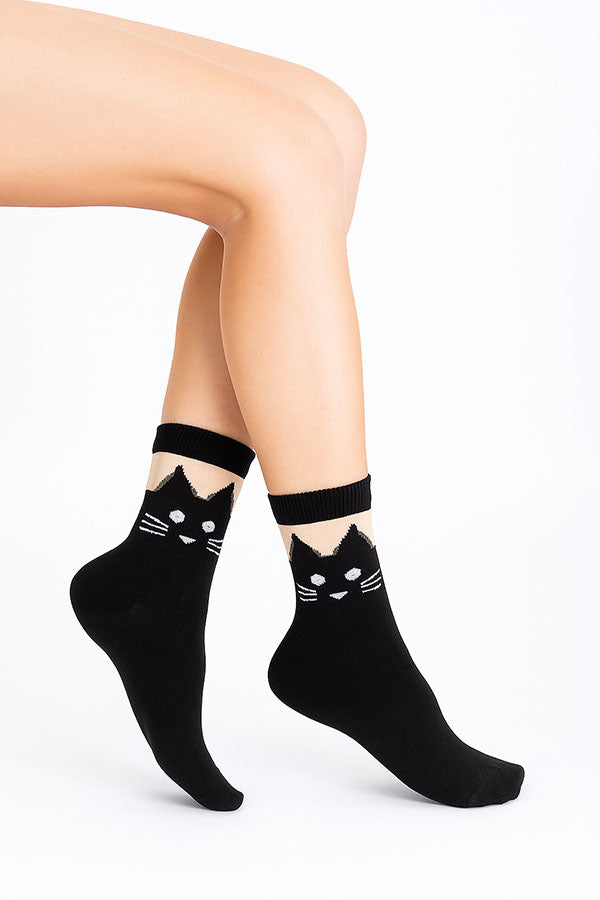 YM87 12 Pairs Mesh Ankle Cotton Blend Cat Print Crew Socks