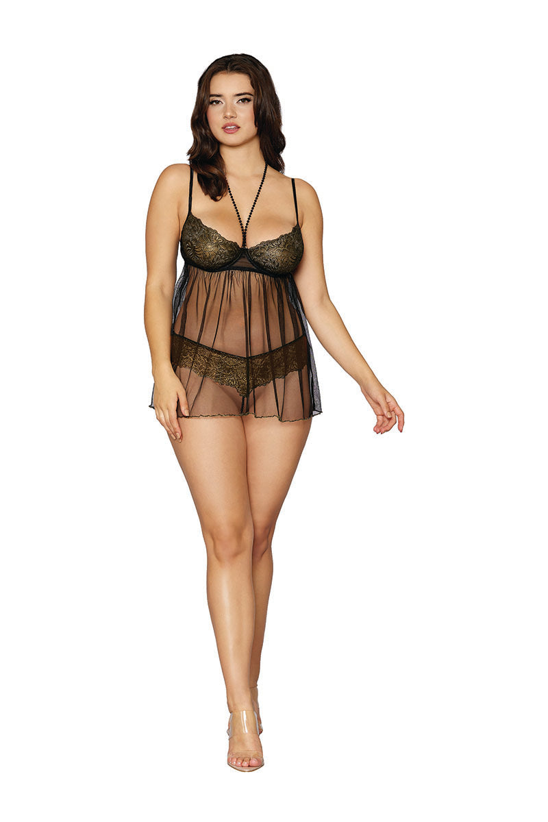 12666 Gold Foil Stretch Lace & Mesh Babydoll Set | Underwire Cups & Adjustable Straps