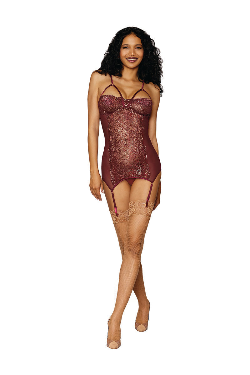 12668 Gold Foil Stretch Lace & Mesh Garter Slip | Adjustable Shoulder Straps & Attached Garters