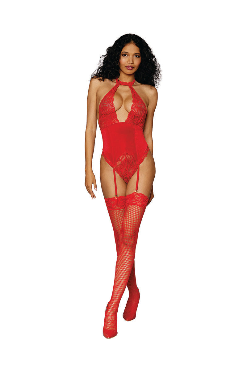 12670 Stretch Lace & Velvet Garter Teddy | Halter Neck with Corset Detail