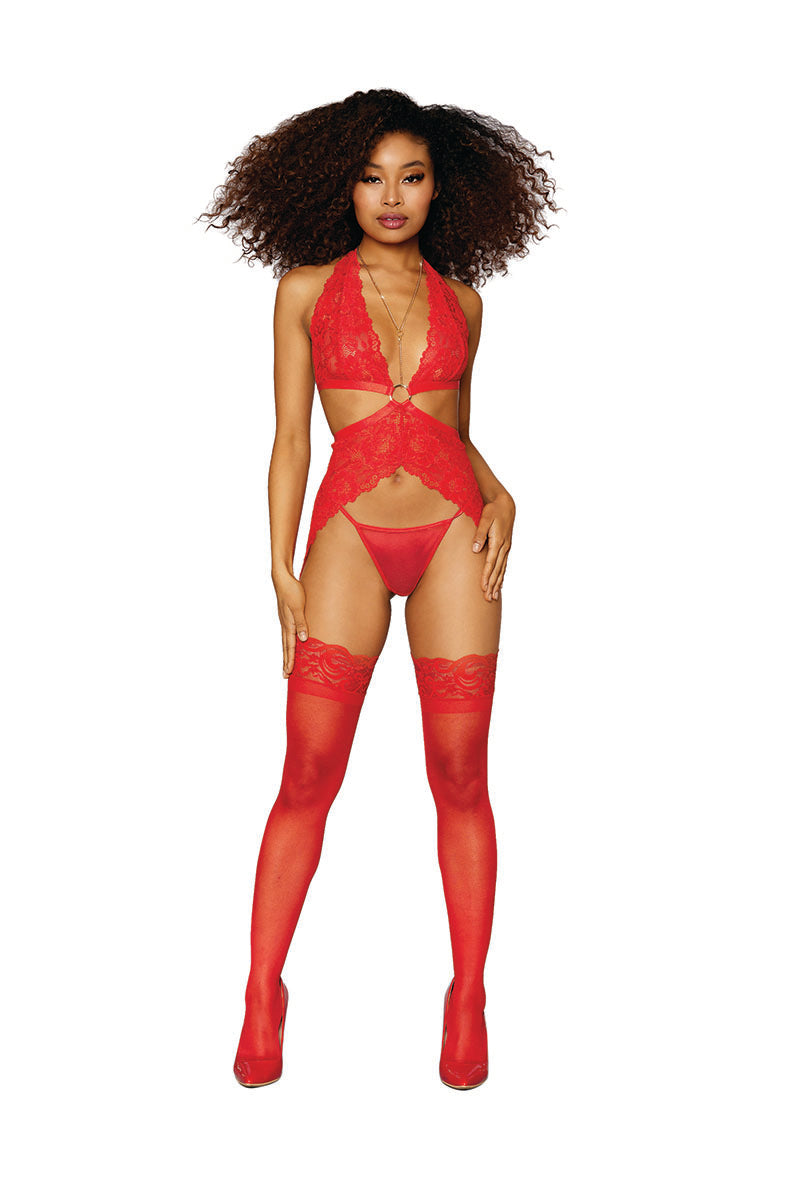 12708 Lace Garter Slip with Side Garter and G-String Set | Gold Hardware & Removable Chain