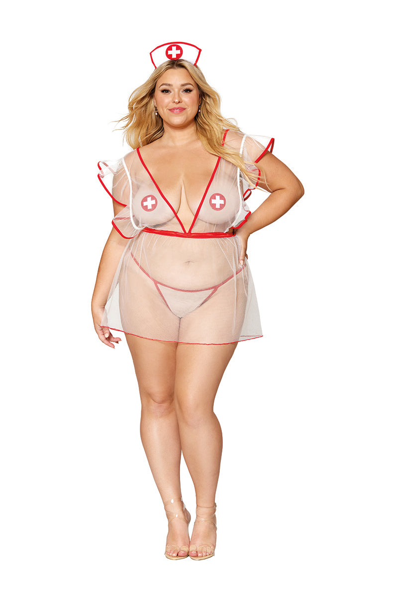 12916 Sexy Sheer White Mesh Nurse Costume Apron Set – 4pc Lingerie Roleplay Outfit
