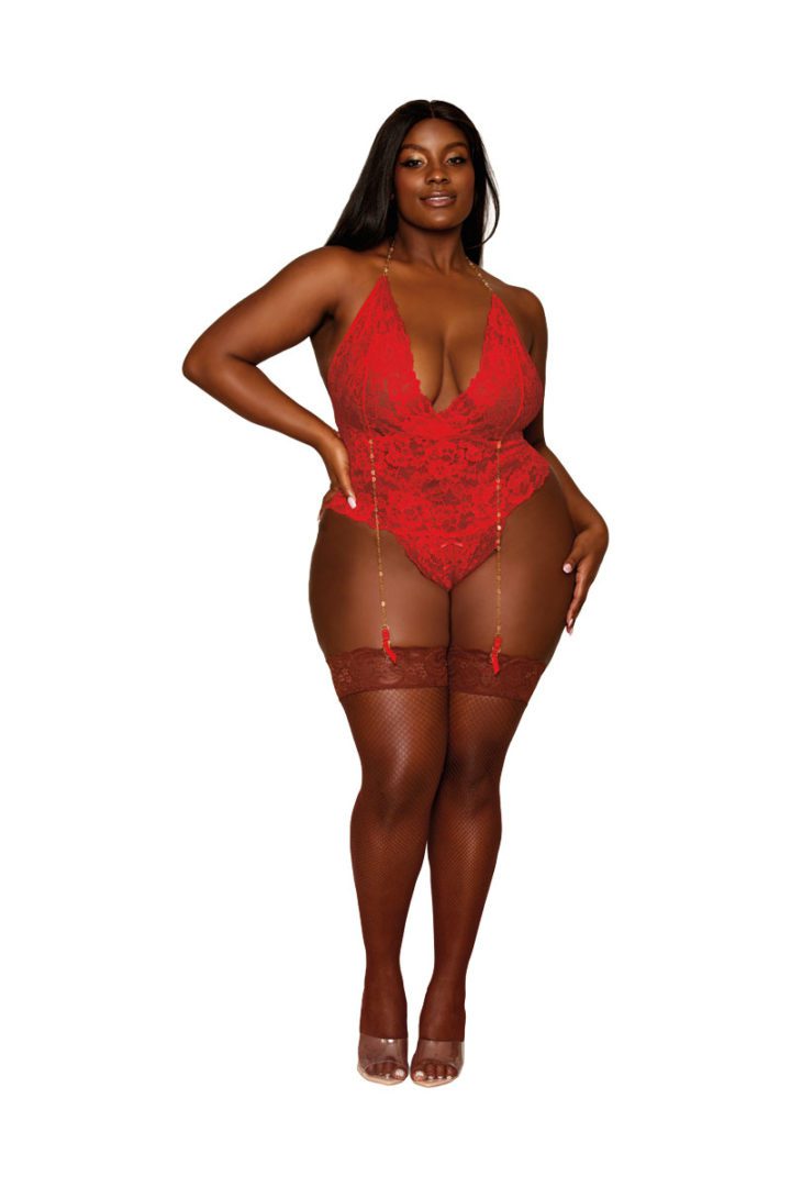 13089 1 Piece Stretch Lace Garter Teddy with Heart Chain Details – Adjustable Halter Neck and Open Crotch