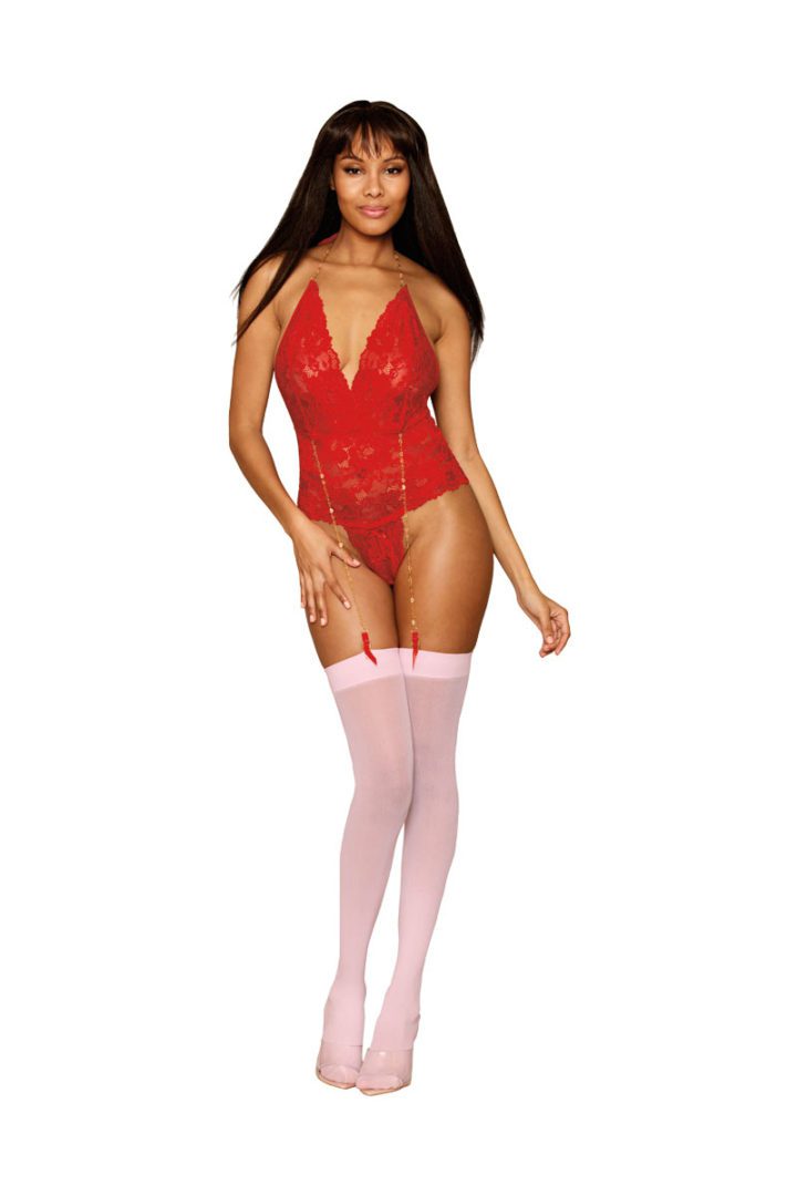 13089 1 Piece Stretch Lace Garter Teddy with Heart Chain Details – Adjustable Halter Neck and Open Crotch