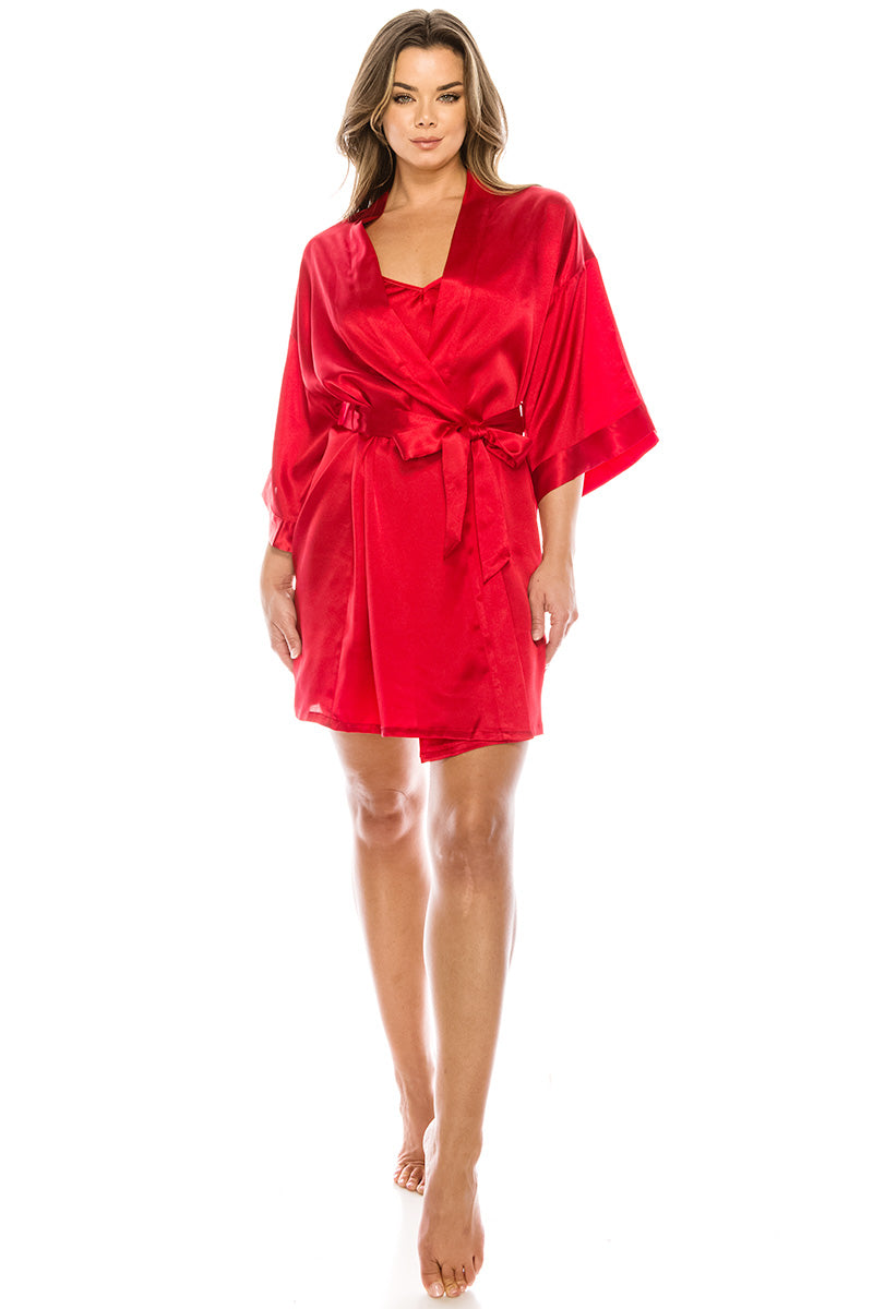 20136 3-Piece Satin Robe Set – Robe with Belt, Backless Slip & Matching Thong