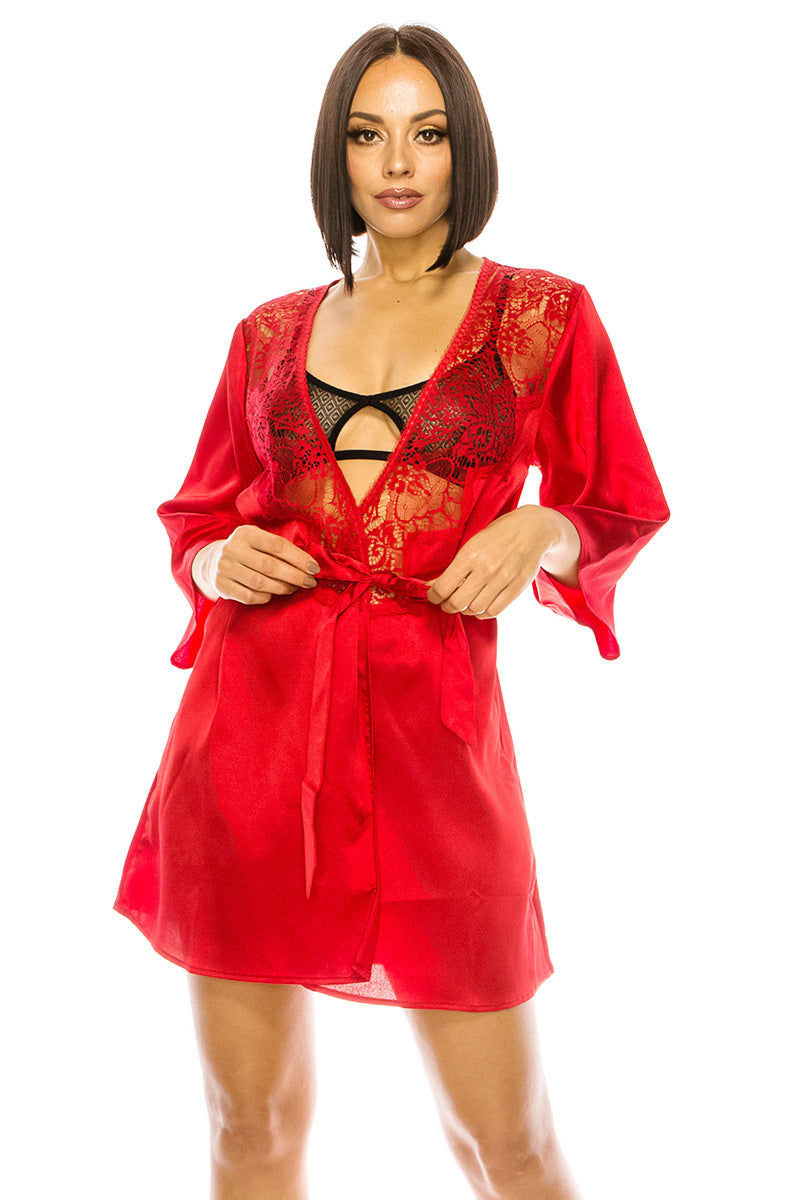 20141 6 Piece Satin Robes with Lace Trim – Elegant Satin Robes