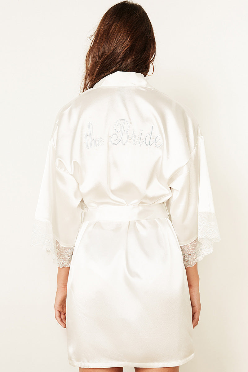 20152 6 Piece "The Bride" Satin Robe with Lace Trim & Baby Blue Embroidery – Tie Belt Included